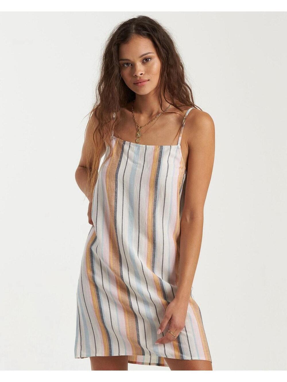 Billabong Save Day Dreamer Mini Dress Stripe Linen Blend Tie Back Medium